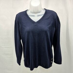 Talbots Navy Blue V-Neck Side Button Knit Sweater Medium Preppy Nautical Layerin